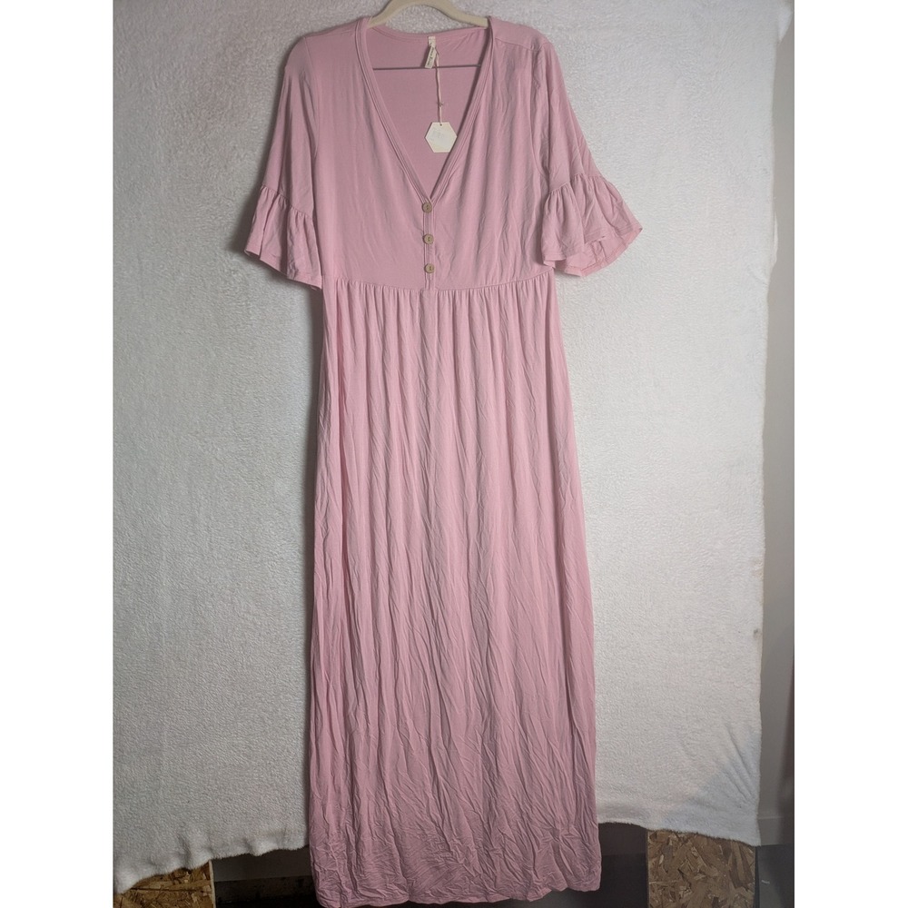 NEW Beeson River Maxi Dress Women's Large Pink Ruffle Sleeve V-Neck Button Front